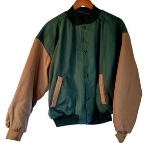 ASW Jackets Mens Medium Green Brown Baseball Bomber Jacket Made USA Vintage FLAW
